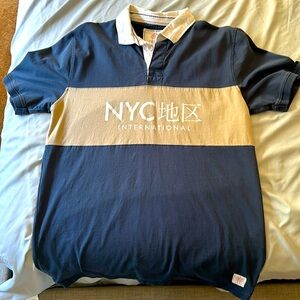 COTTON ON MENS, NYC INTERNATIONAL BUTTON UP, NAVY BLUE AND TAN, BUTTON UP